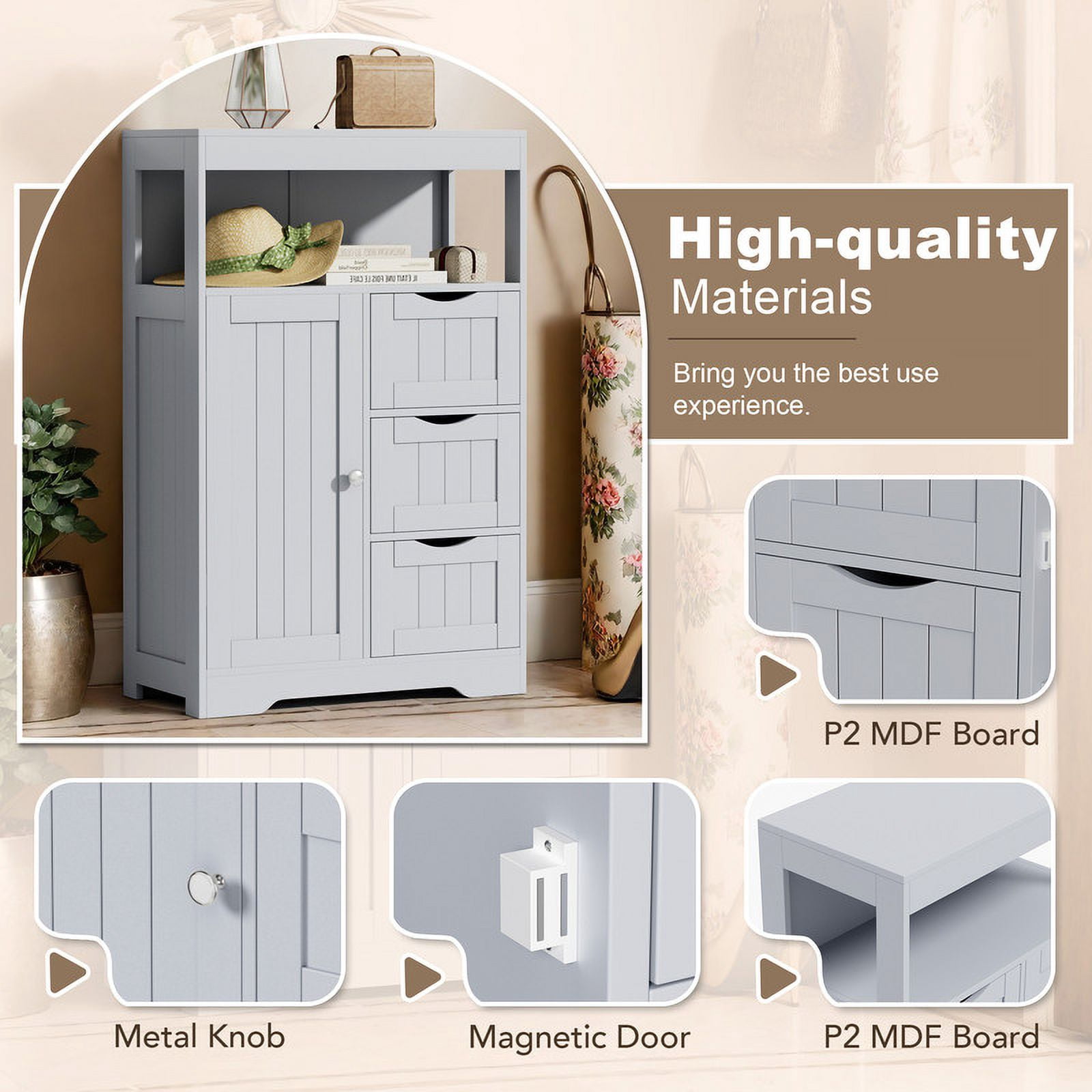 Homall Wood Bathroom Floor Cabinet with 3 Drawers and 1 Cupboard Free Standing Storage Organizer Hallway Entryway Cabinet for Living Room Kitchen, Gray