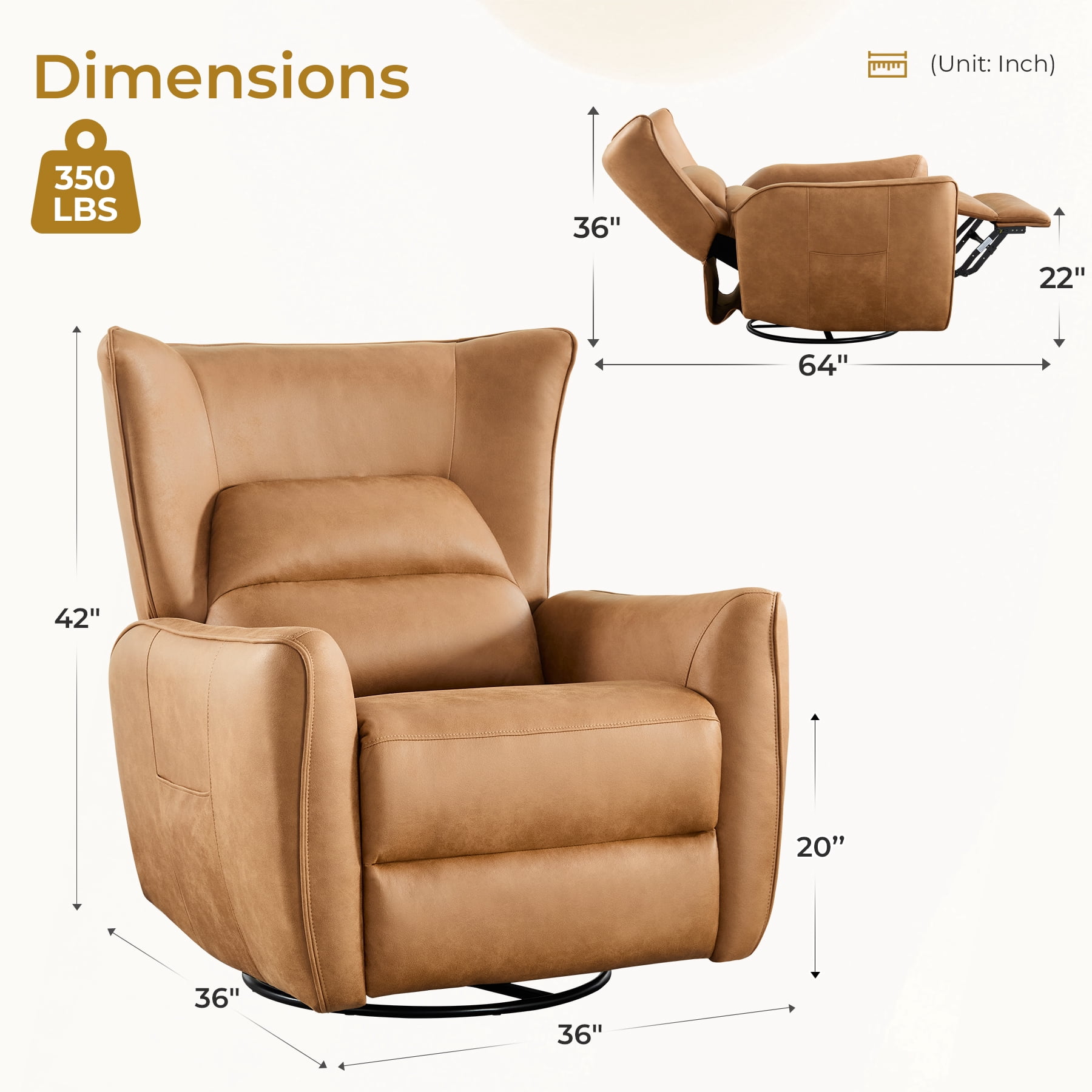 Bonzy Home Swivel Rocker Recliner Set of 2, Power Electric Recliners with Highly Enveloping Backrest Rocking Recliner Chair Leathaire Reclining Sofa for Living Room, Camel