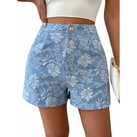 Mawalde Women'S Floral Jacquard Shorts High Waisted Boho Summer Shorts with Pocket Blue S