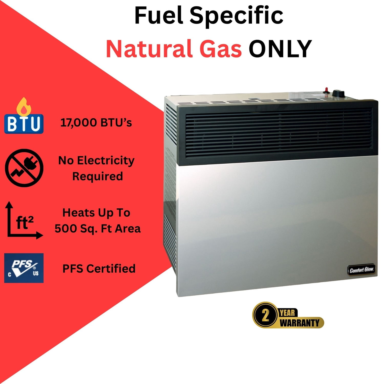 Comfort Glow 17,000 BTU Direct-Vent Natural Gas Wall Heater with Vent Kit, Matchless Piezo Ignition with T-Stat Control Knob, 500 Sq. Ft, DVN17