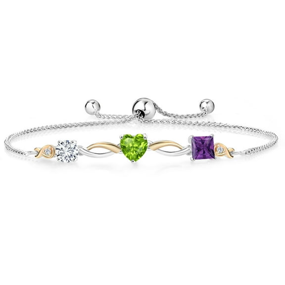 Gem Stone King Keren Hanan 1.92 Ct E-F Lab Grown Diamond Green Peridot 925 Silver and 10K Yellow Gold Bracelet for Women