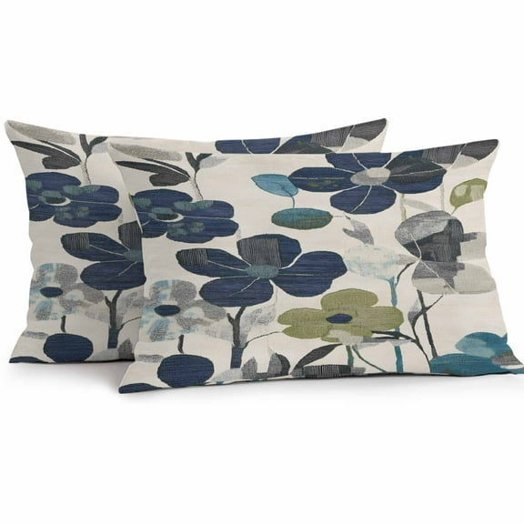 Navy Blue Green Floral Waterproof Outdoor Throw Pillow Covers 12''x20'' Pack 2, Pillow Cases Throw Cushion Cover with Zipper, Vintage Botanical Leaves Washable Pillowcase for Poolside Sofa