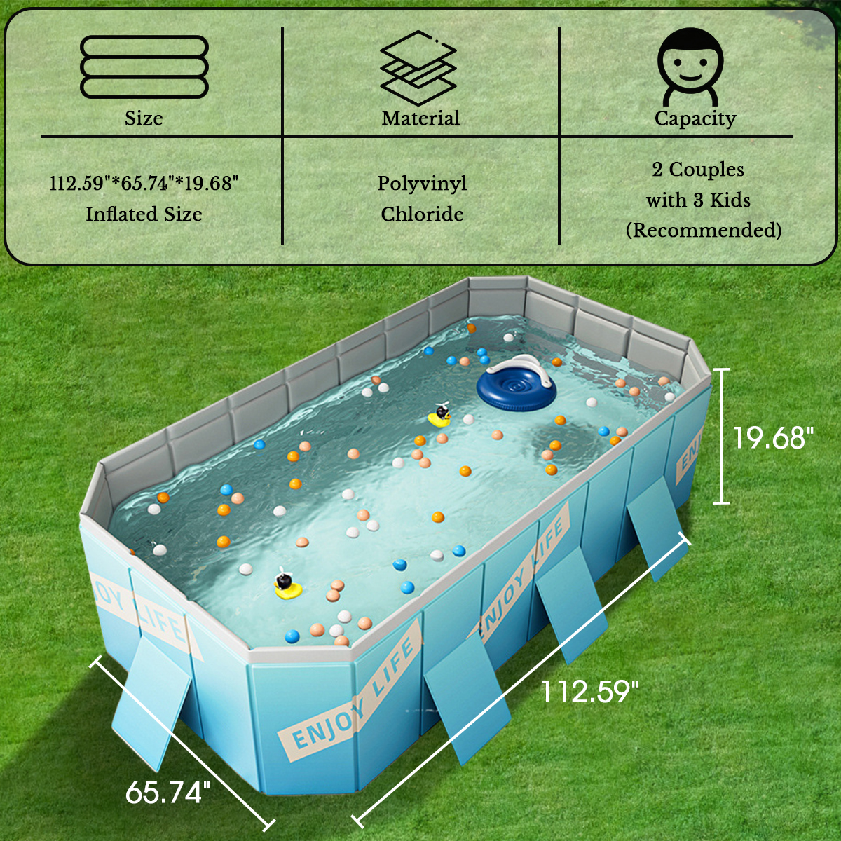 Hurber Foldable Swimming Pool, Large Non-inflatable Adults Kids Outdoor Pools, Light Blue, 113" x 66" x 20"
