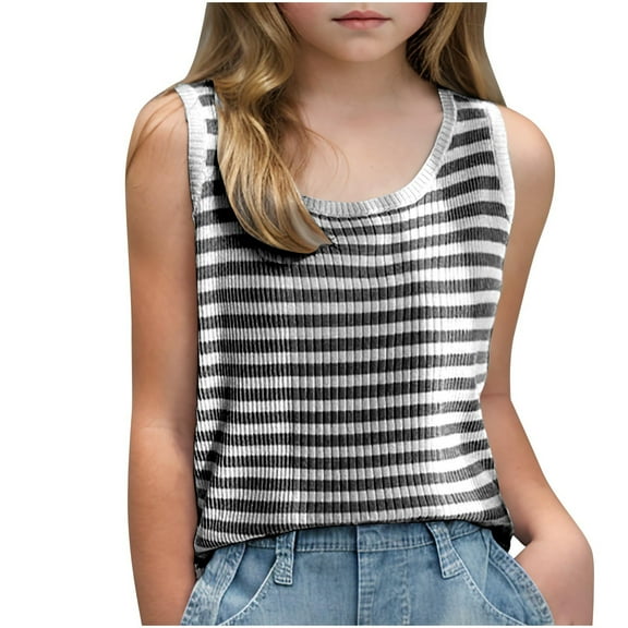 LLYwey Girls Striped Tank Tops, Toddler Kids Summer Ribbed Round Neck Sleeveless Tees Shirts Solid Color Camisole Undershirts, T-64, Black, XL