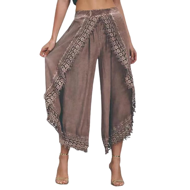 Pantalones casuales de algodón y lino de color liso y cintura alta para mujer