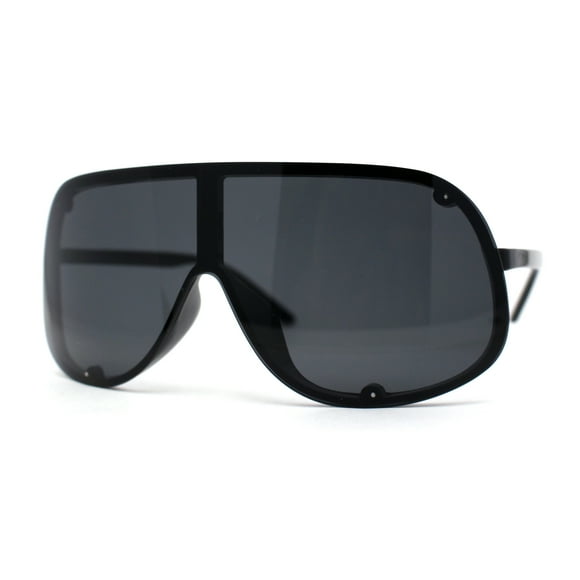 Extra Oversized Curved Shield Robotic 80s Sport Sunglasses All Black