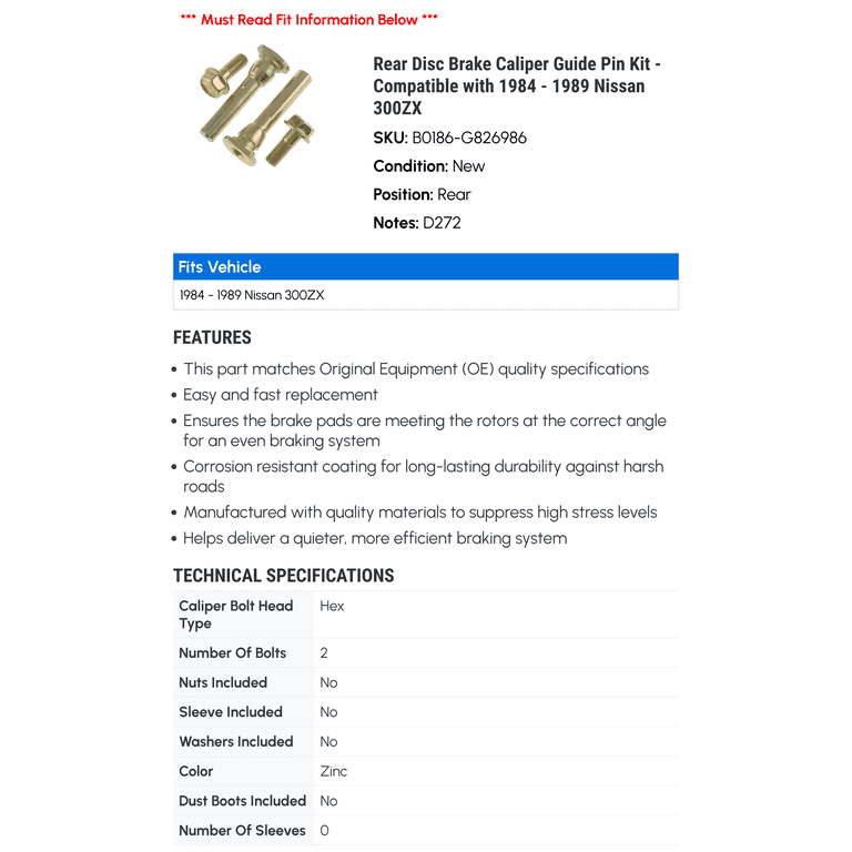 Rear Disc Brake Caliper Guide Pin Kit - Compatible with 1984