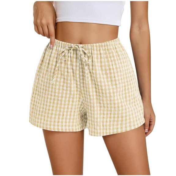 Womens Boxer Shorts Casual Summer Pajama Gingham Plaid Shorts Comfy Drawstring Lounge Sleep Pj Beach Bottoms