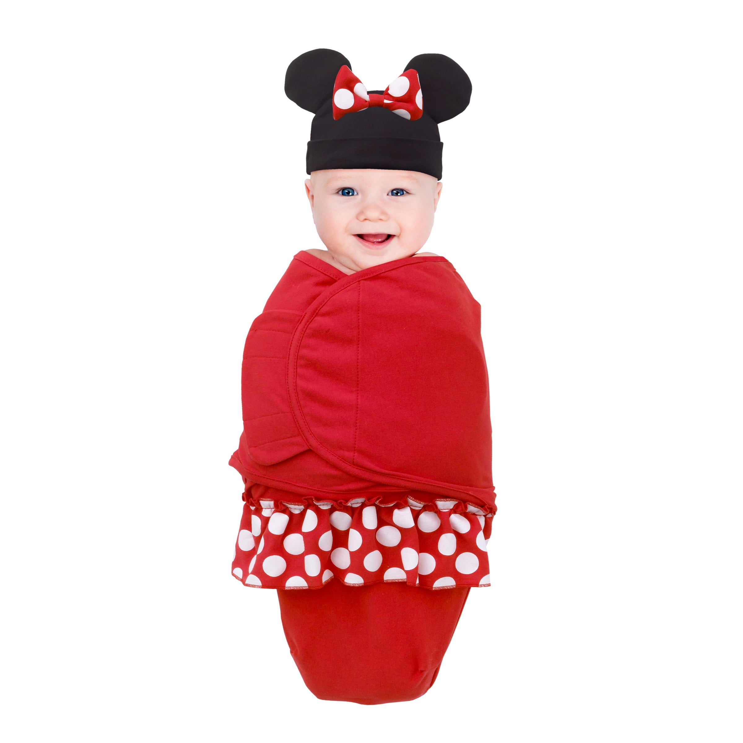 Disney Minnie Mouse 100% Cotton Knit Fitted Swaddle Baby Blanket with  Minnie Ears & Bow Beanie, Red, Black & White 0-4 Mo. 7-14 Lbs.