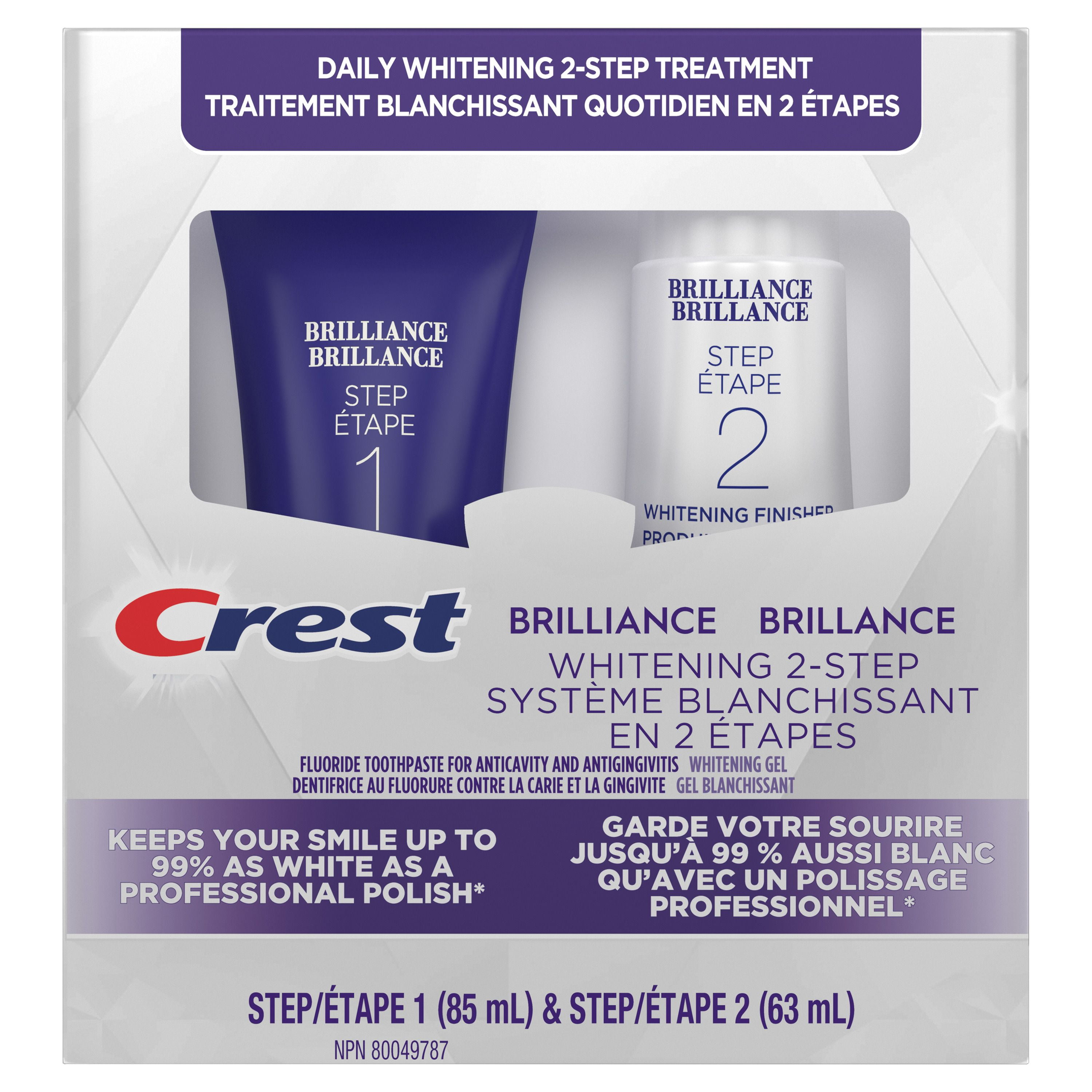 Dentifrice en deux étapes Crest 3D White Brillance + gel blanchissant 1 tube de 85 m (Dentifrice) et 1 tube de 63 ml (Gel)