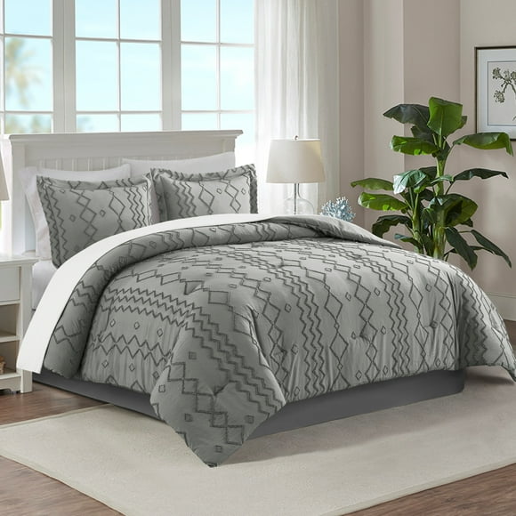 JML 3 Piece Tufted Comforter Set King,1 Comforter,2 Pillowcases, Geometric Design, Grey