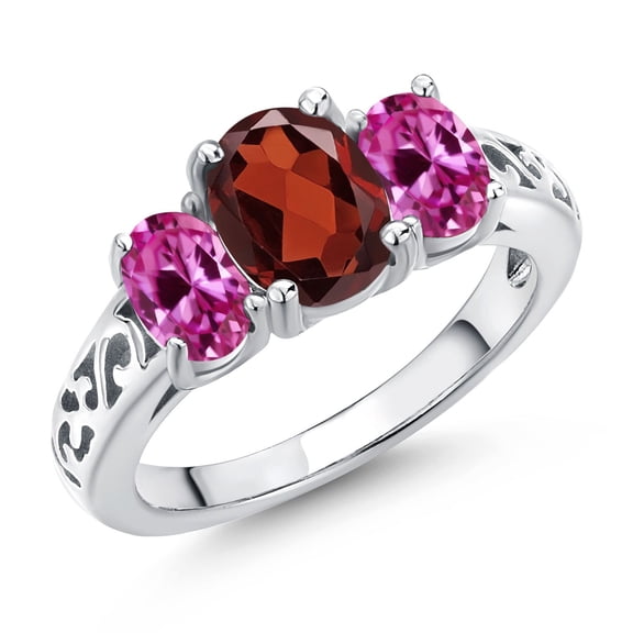 Gem Stone King 925 Sterling Silver Red Garnet and Pink Created Sapphire Filigree Style 3 Stone Ring for Women (2.50 Cttw, Oval 8X6MM and 6X4MM) (Size 7)