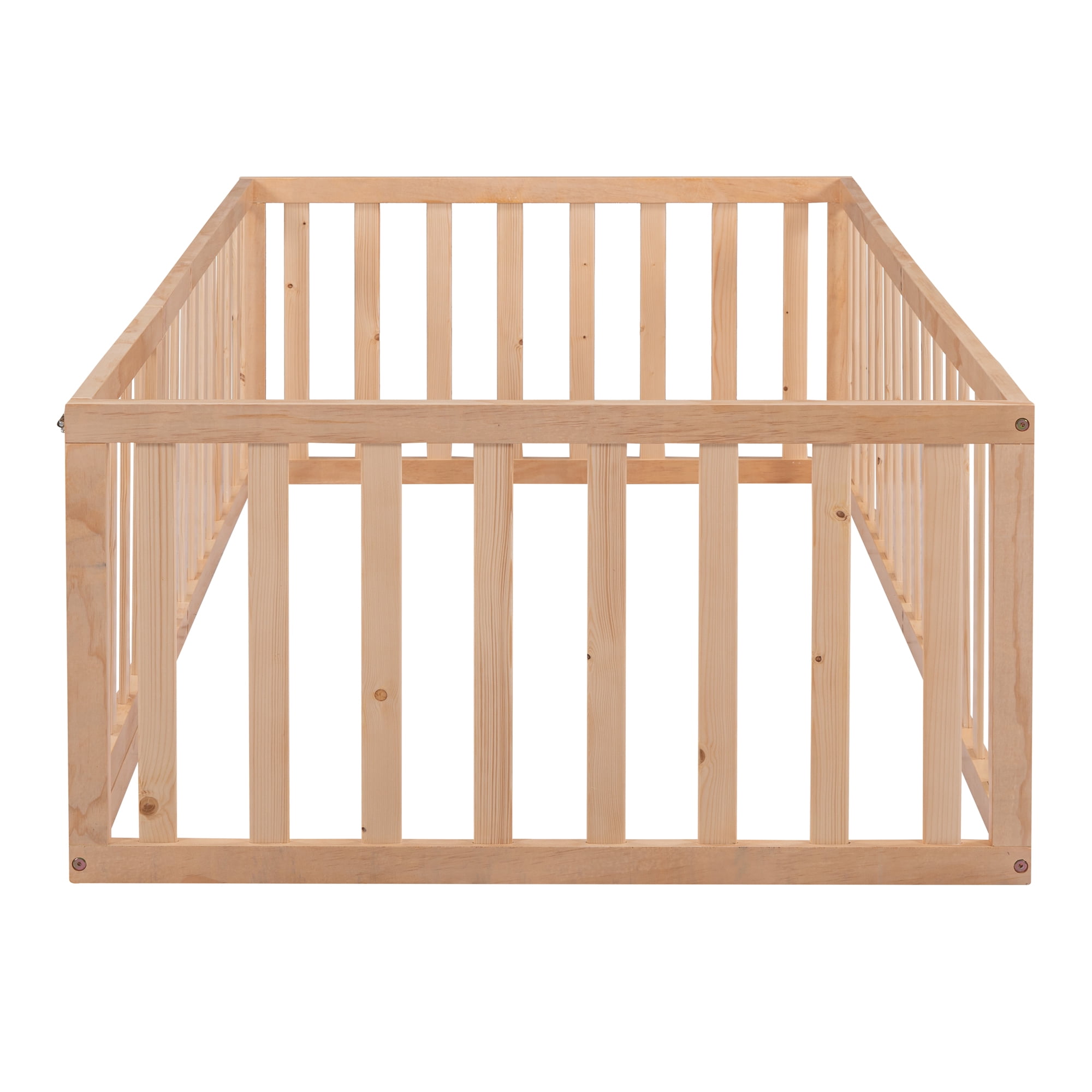 Kumix Twin Floor Bed for with Fence and Door, Wood Floor Bed Frame for 1-3 Aged, Noise-Free Low Floor Bed for Bedroom, Dorm, No Weight Capacity Limit, Easy Assembly, Natural
