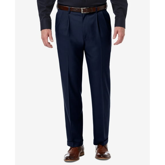 Haggar Men's Premium Comfort Stretch Classic Fit Solid Pleated Dress Pants Blue Size 44X30