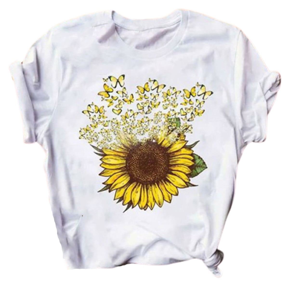 Womens Solid Color Short Sleeve Letter Sunflower Butterfly Graphic Casual Tops Tees Pullover T Shirt for Teen Girls