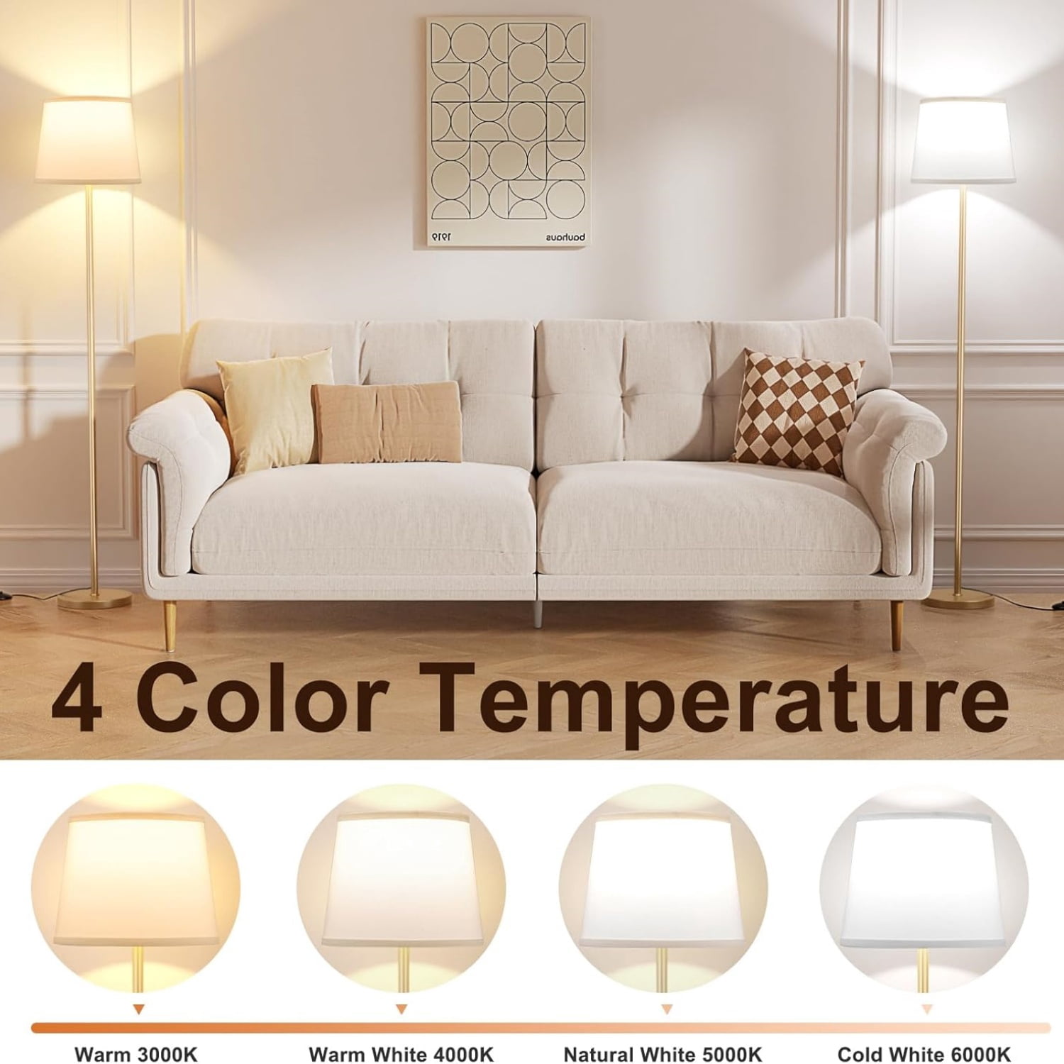 Floor Lamps for Living Room - Modern Gold Floor Lamp with Remote Control, Dimmable Colors Temperature Standing Lamp with LED Bulbs, Tall Lamp for Bedroom Office Kid Room - Brass Gold