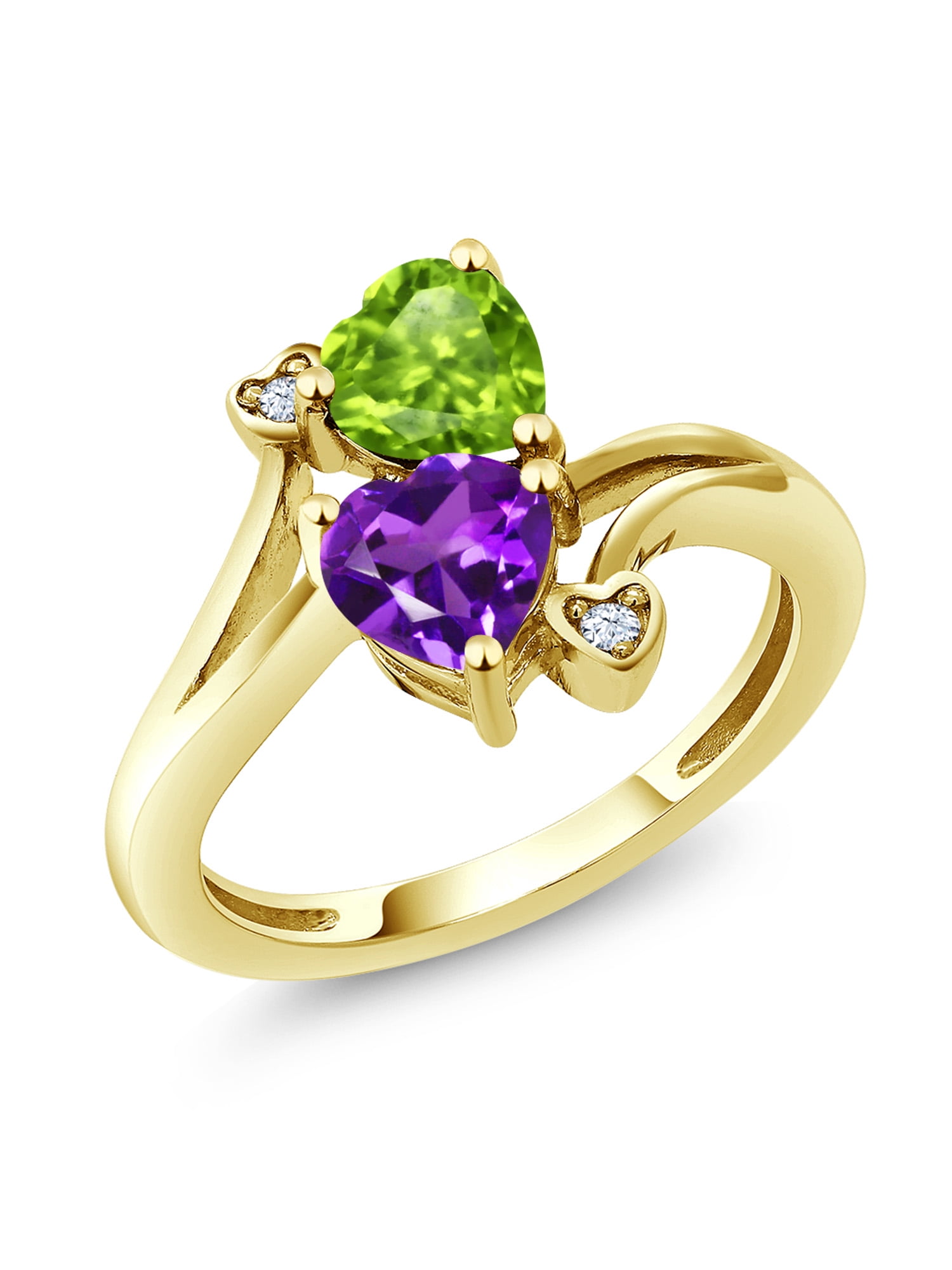 Gem Stone King 10K Yellow Gold Purple Amethyst and Green Peridot Women Ring  (1.51 Ct Heart Shape, Gemstone Birthstone, Available in Size 5, 6, 7, 8, 