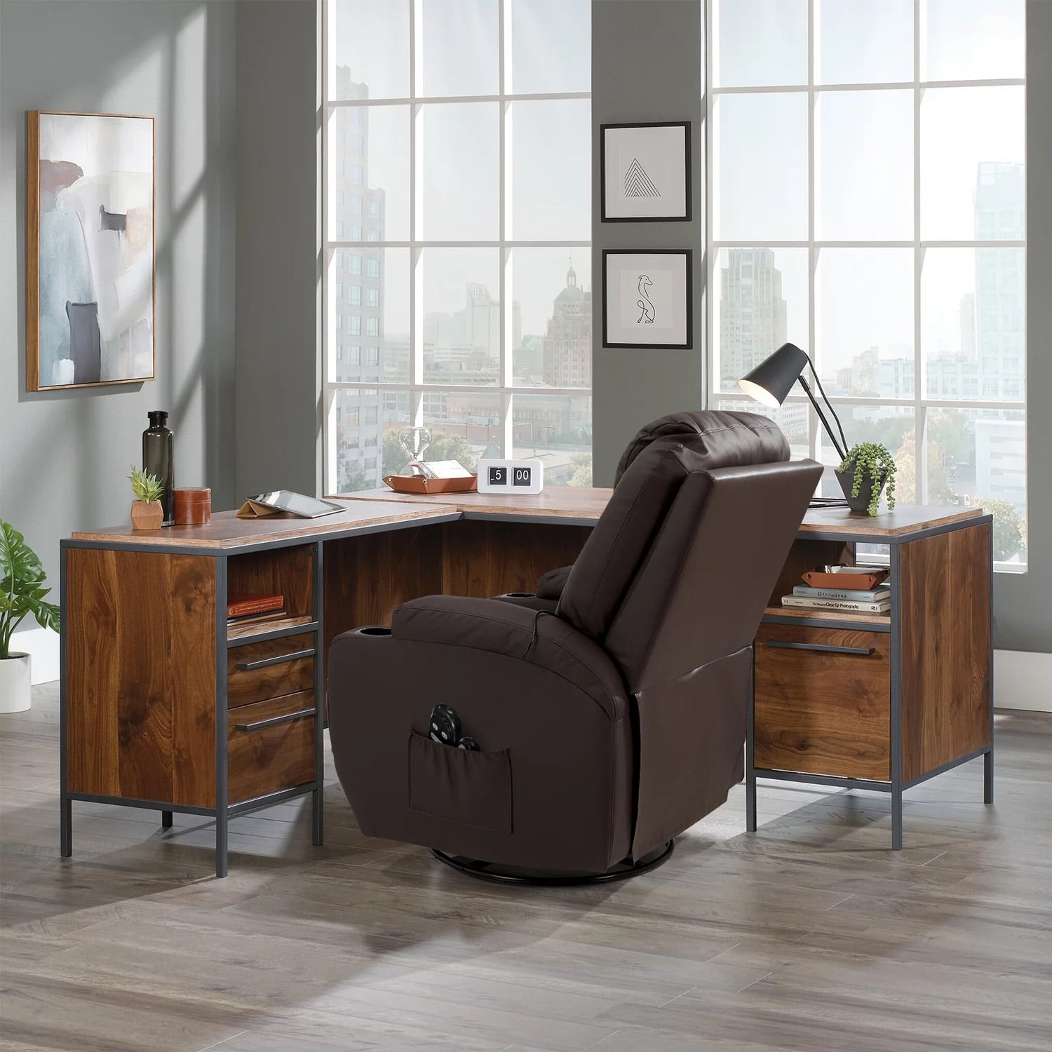Lacoo Swivel Rocker Recliner with Massage, Brown Faux Leather