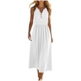 thumbnail image 2 of Women Summer Maxi Dress Solid Color Sleeveless V Neck Button Pleated Elegant Flowy Sundress with Pockets Casual Beach Vacation Dresses, 2 of 8