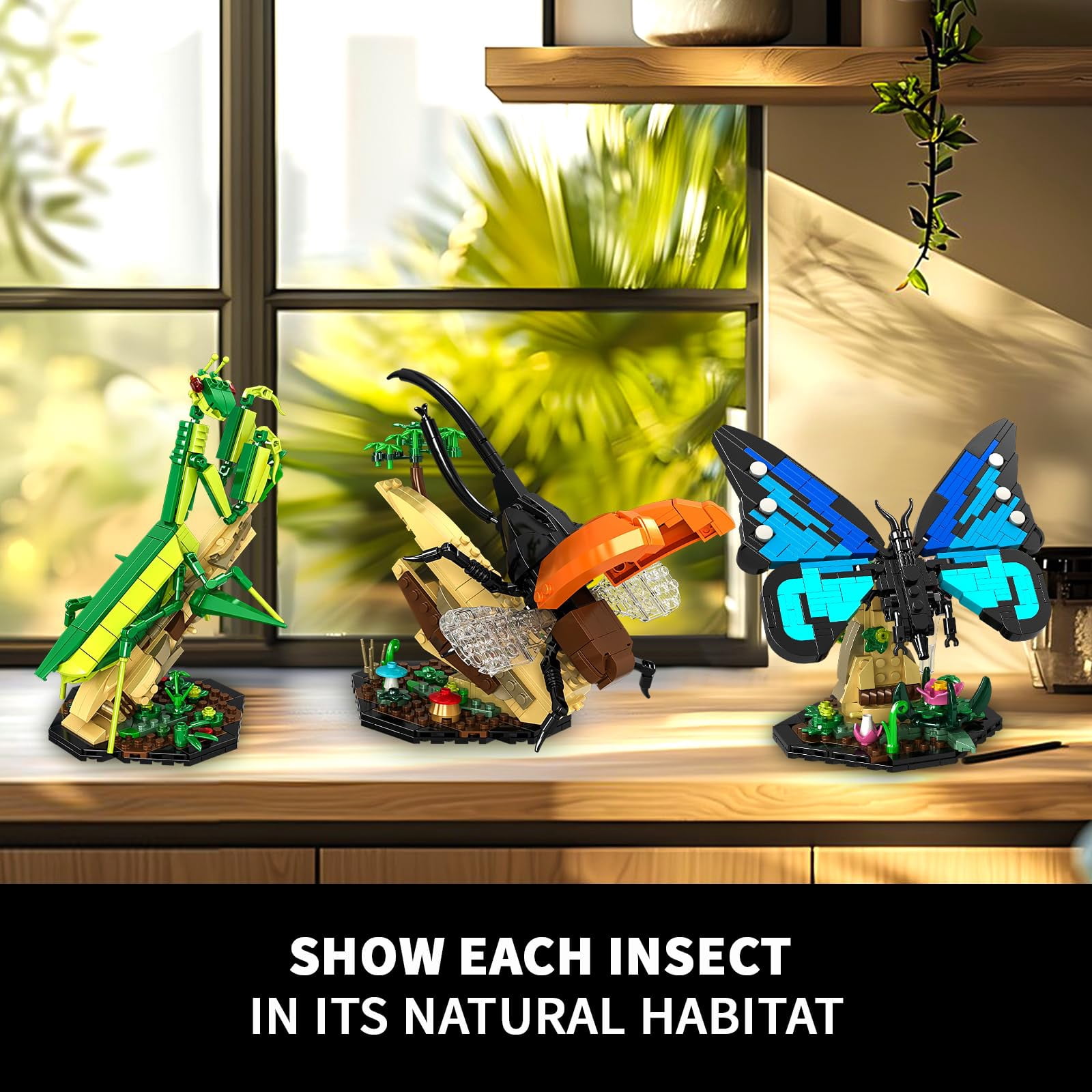 WIDELANDInsect Collection Building Toy Set, with Life-Size Blue Butterfly Compatible with Lego, Mantis and Beetle Display Models, Bug Building Office Home Decorative, Gifts Ideal for Adults Ki