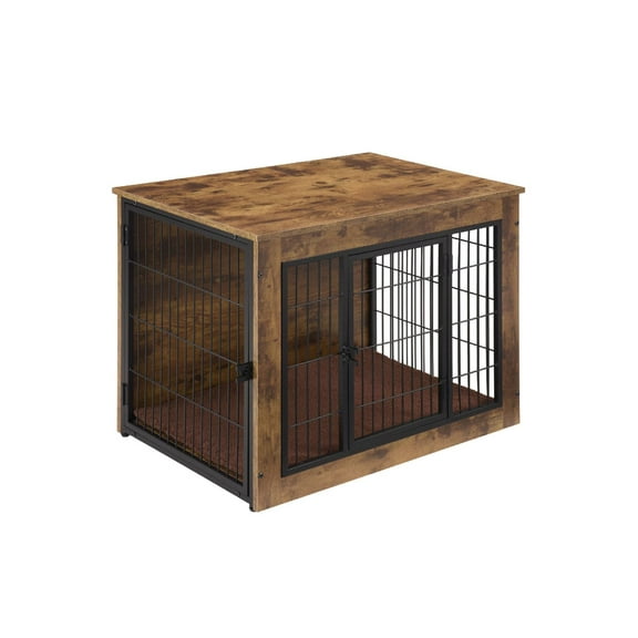 with Cushion, Wooden Dog Kennel Furniture, Heavy Duty Dog Cage, 40" Dog Kennel with Double Doors, Dog Crates for Large Dogs, Rustic Brown, L