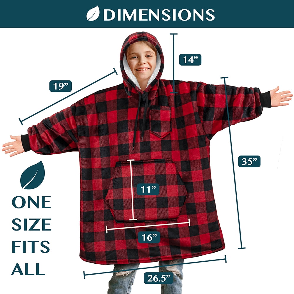 PAVILIA Wearable Blanket Sweatshirt for Kids Boy Girl Checker Black Red, Warm Cozy Giant Blanket Hoodie, Fleece Sherpa Oversized Blanket Sweatshirt with Sleeves, Big Pocket, Christmas Gift