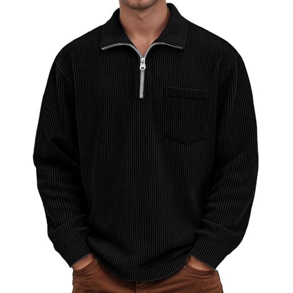 Work Polo Shirts for Men Long Sleeve Quarter Zip Corduroy Tees Shirts Basic Black Men's Clothing
