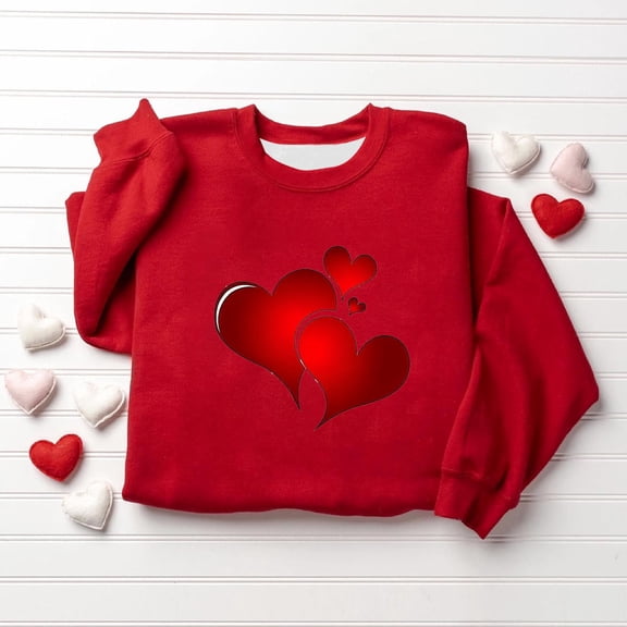 Girls Red Heart Print Sweatshirt, Valentine Oversized Crew Neck, Stretchy 95% Polyester 5% Spandex Cute Romantic Top for 3-16 Years (Sizes 90-160),Size 1-2 T