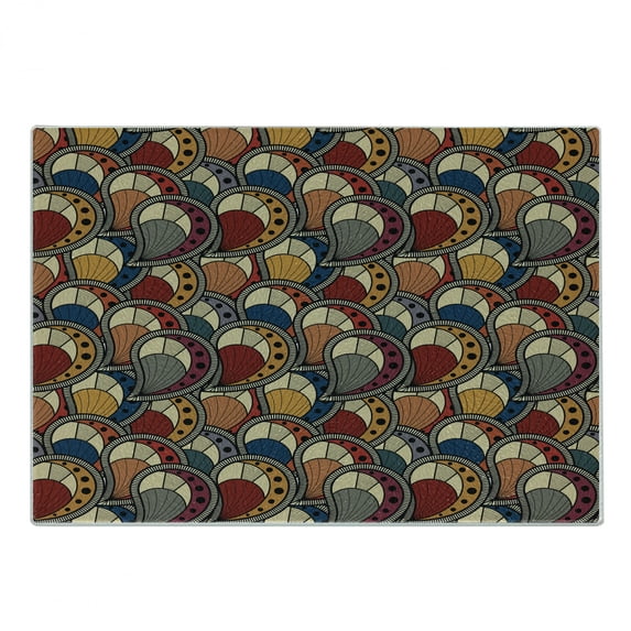African Cutting Board, Paisley Motifs Geometric Design Dots Lines Teardrop Shape Curved Tip, Decorative Tempered Glass Cutting and Serving Board, Small Size, Multicolor, by Ambesonne