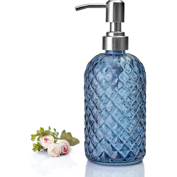 CATIEBYE Blue Glass Lotion Bottle Refillable Pump for Shampoo and Liquid Storage