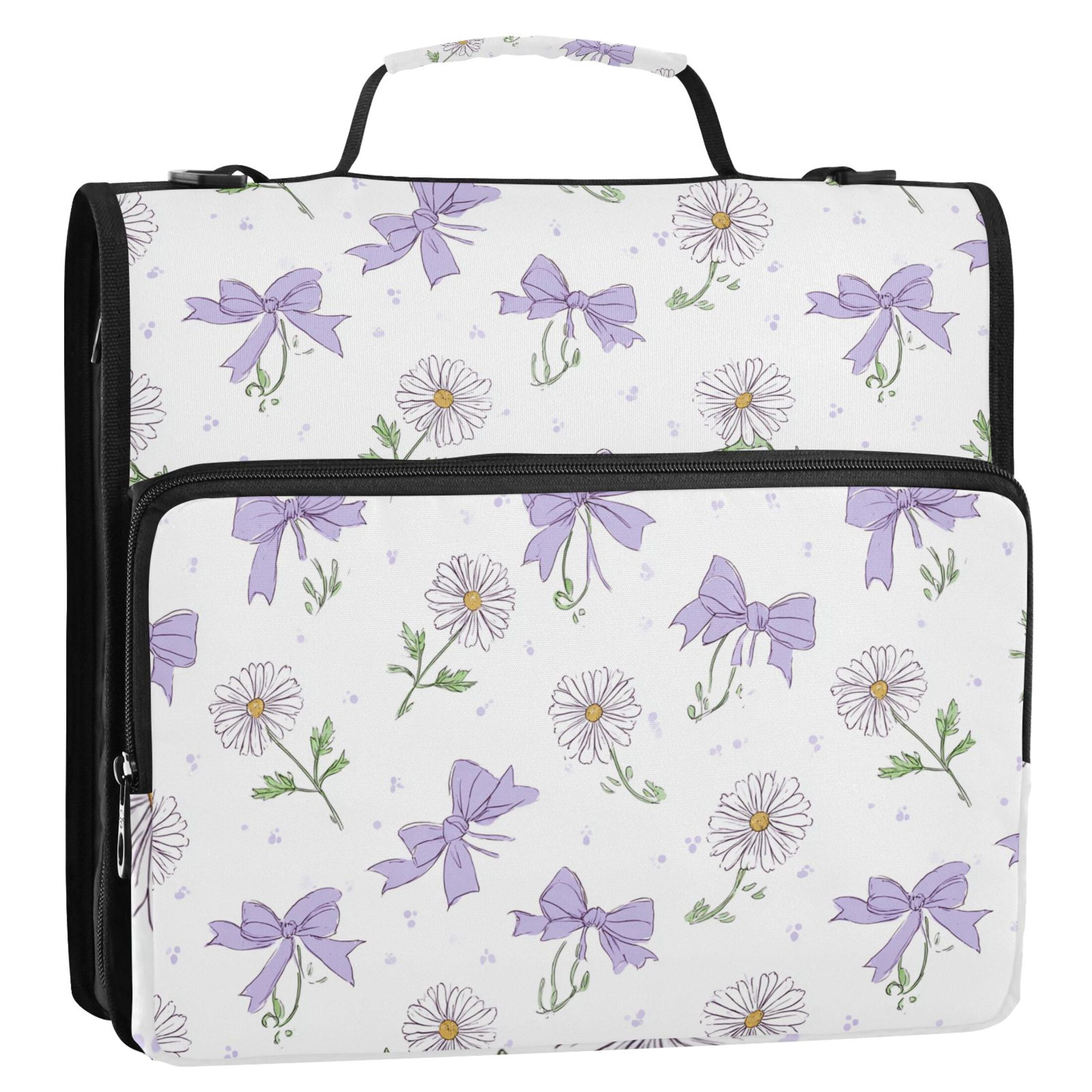 Zipper Binder Purple Bows and White Daisy 1.5 Inch Binder Folder Bag with Shoulder Strap and Handle