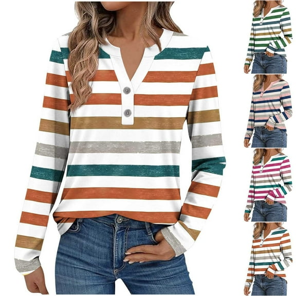 Olyvenn Womens Long Sleeve Tops Casual Button Down Striped V Neck T Shirts Trendy Work Blouse Cute Holiday Loose Basic Tees Multicolor XXL
