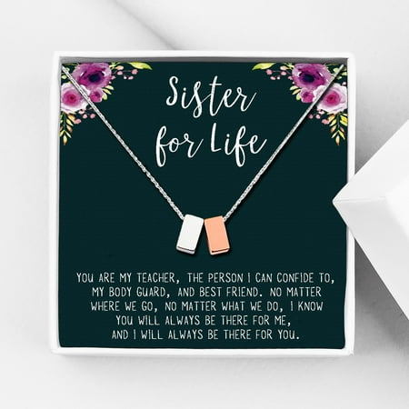 Anavia Sister Necklace, Sister Jewelry Gift, Gift for Sister, Sister Birthday Gift, Anniversary's Day Gift for Her, Double Cubes Pendant Necklace with Wish Card -[1 Silver & 1 Rose Gold]