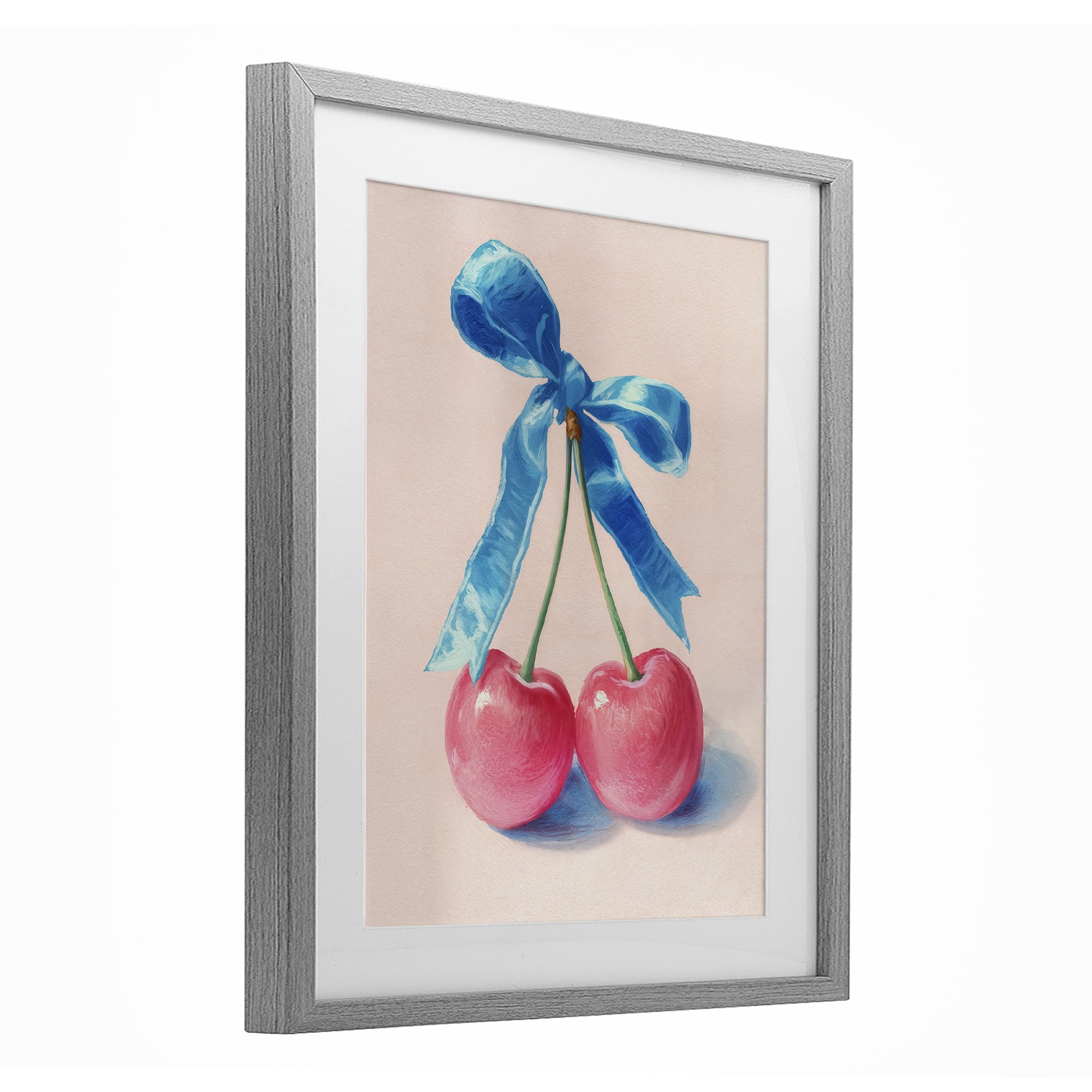 Stupell Industries Twin Cherries with Blue Ribbon Gray Framed Print Under Glass, design by Imagine It Images