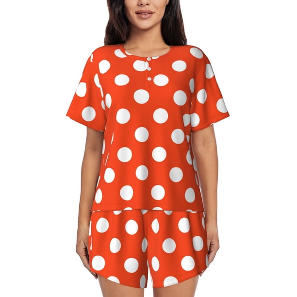 Balery Orange And White Polka Dot1 Conjunto de Pijama para Mujer con Estampado, Dos Piezas de Manga Corta y Shorts, Ropa de Dormir Suave con Cuello Redondo y Bolsillos-Medium