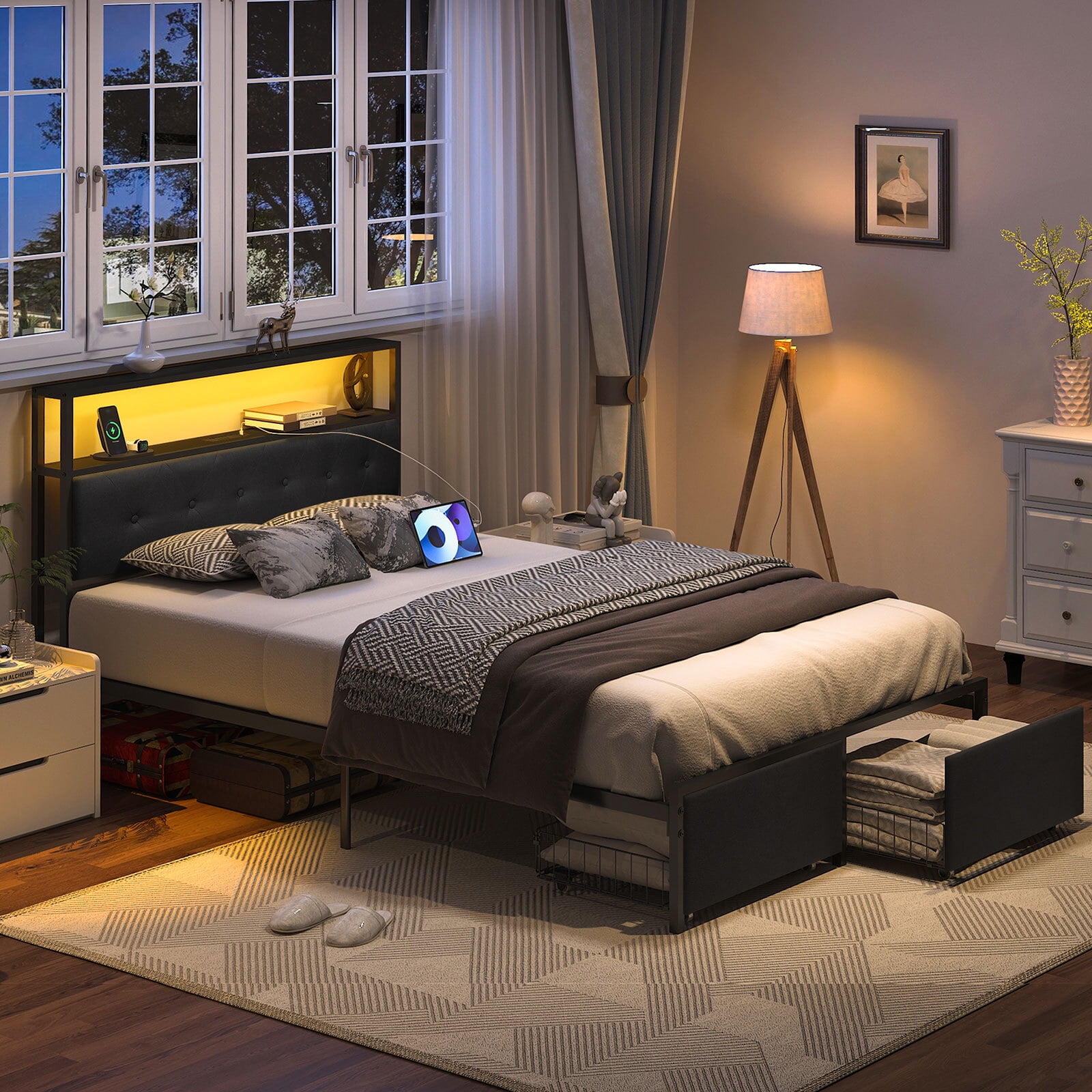 Full Size Bed Frame with LED Storage Headboard Shelf, Bed Metal Platform with Charging Station, Black