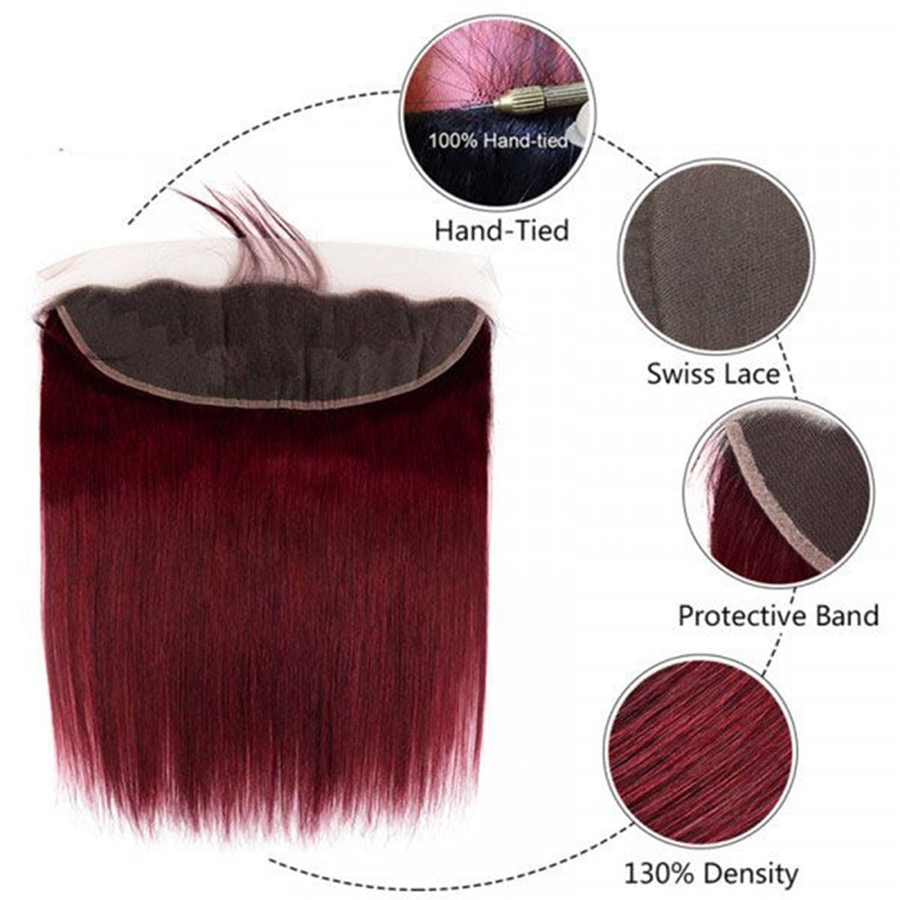 Straight Hair Bundles with Frontal Double Weft Brazilian Human Hair Weaves 3 4 Bundles with 13x4 HD Lace Frontal 99j Burgundy