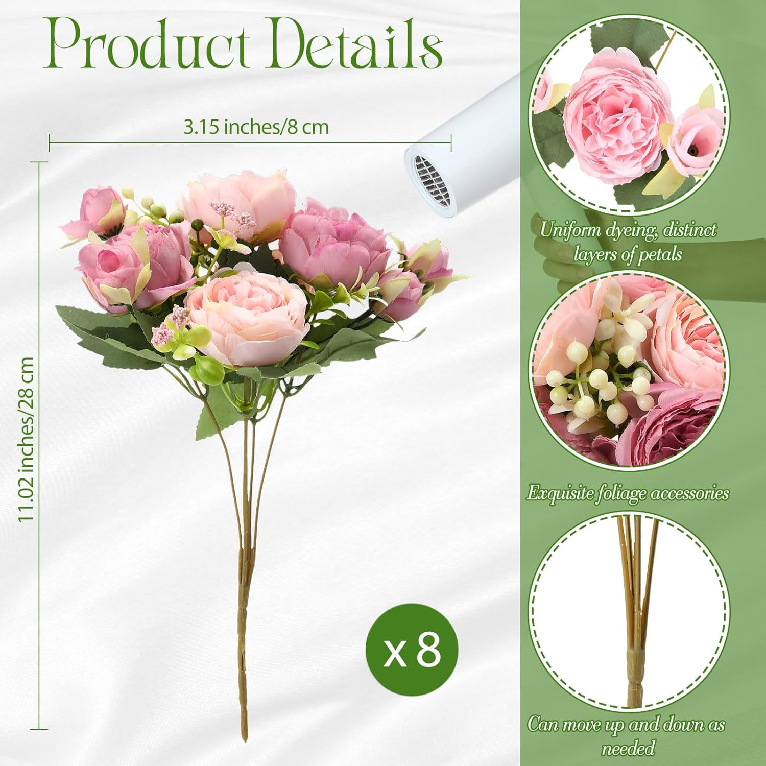 8 Bundles Artificial Peonies Flowers Fake Silk Peony Bouquet Faux Peonies Flowers Bulk for Decoration Vase Floral Arrangements Wedding Party Table (White)