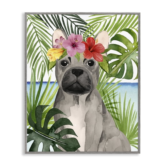 Stupell Industries Bohemian Tropical French Bulldog Gray Framed Giclee Art, 11 x 14, by Grace Popp