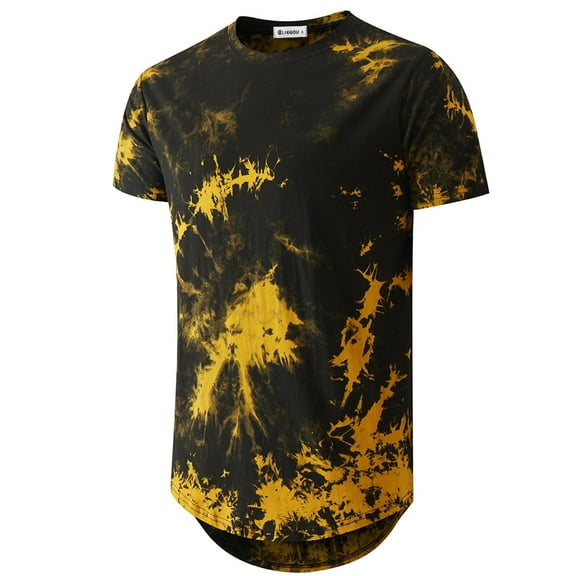 Mens Hip Hop Tie-Dyed Hipster Curve Hem T Shirt(Yellow L)
