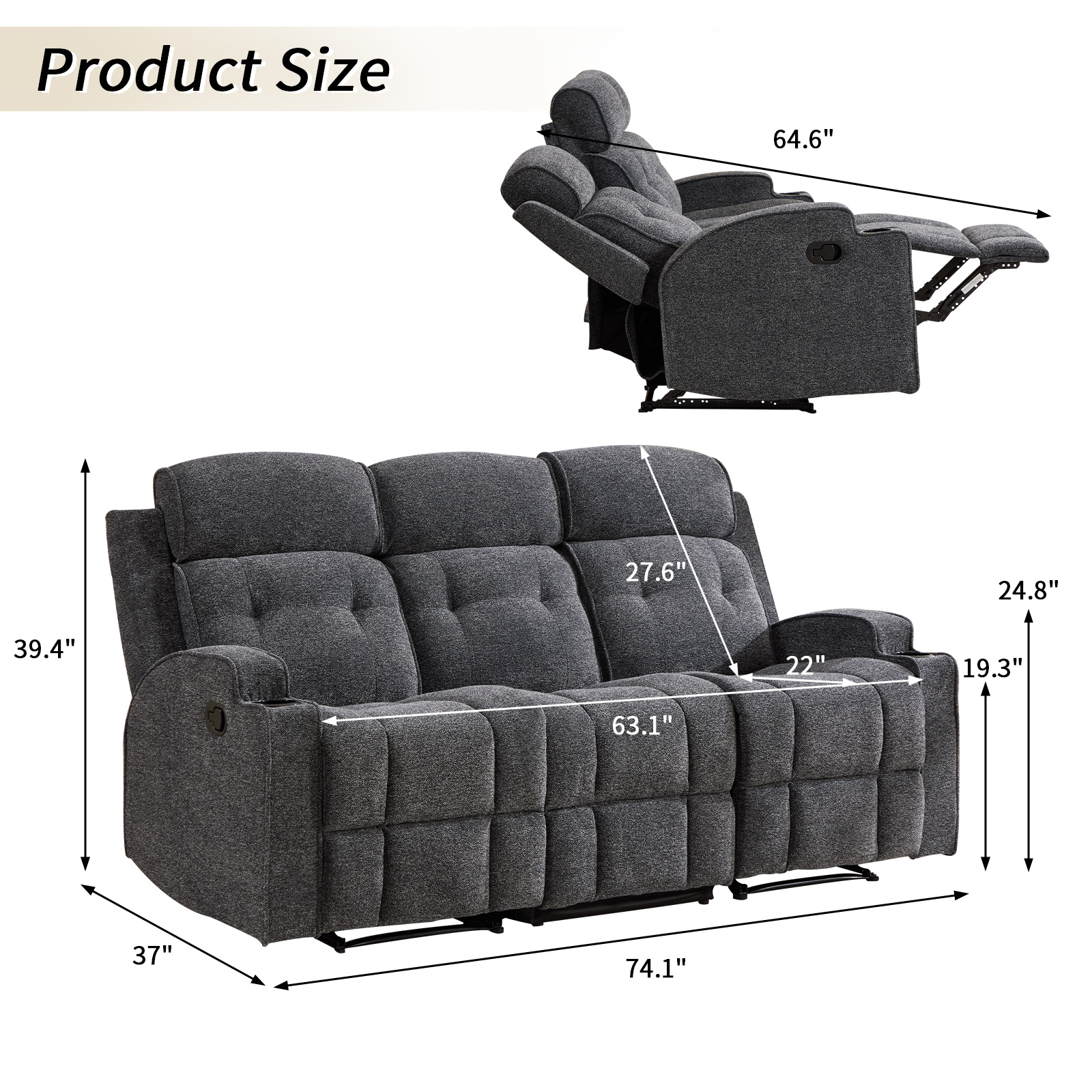 Bonzy Home 3-Seat Manual Reclining Sofa — Fabric Couch with Dual Manual Recliners for Living Room & Meeting Room