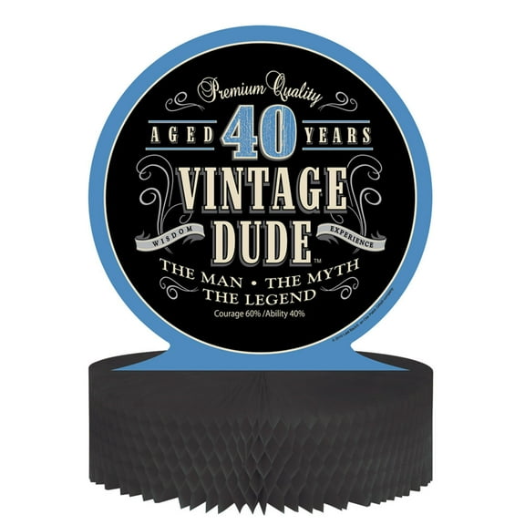 Party Central Pack of 6 Black and Blue "Vintage Dude 40 Years" Honeycomb Party Centerpieces Decors
