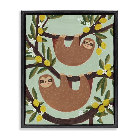 Stupell Industries Cottage Hanging Sloths from Lemon Tree Black Floating Frame Canvas Art, 17 x 21, by Irene Chan
