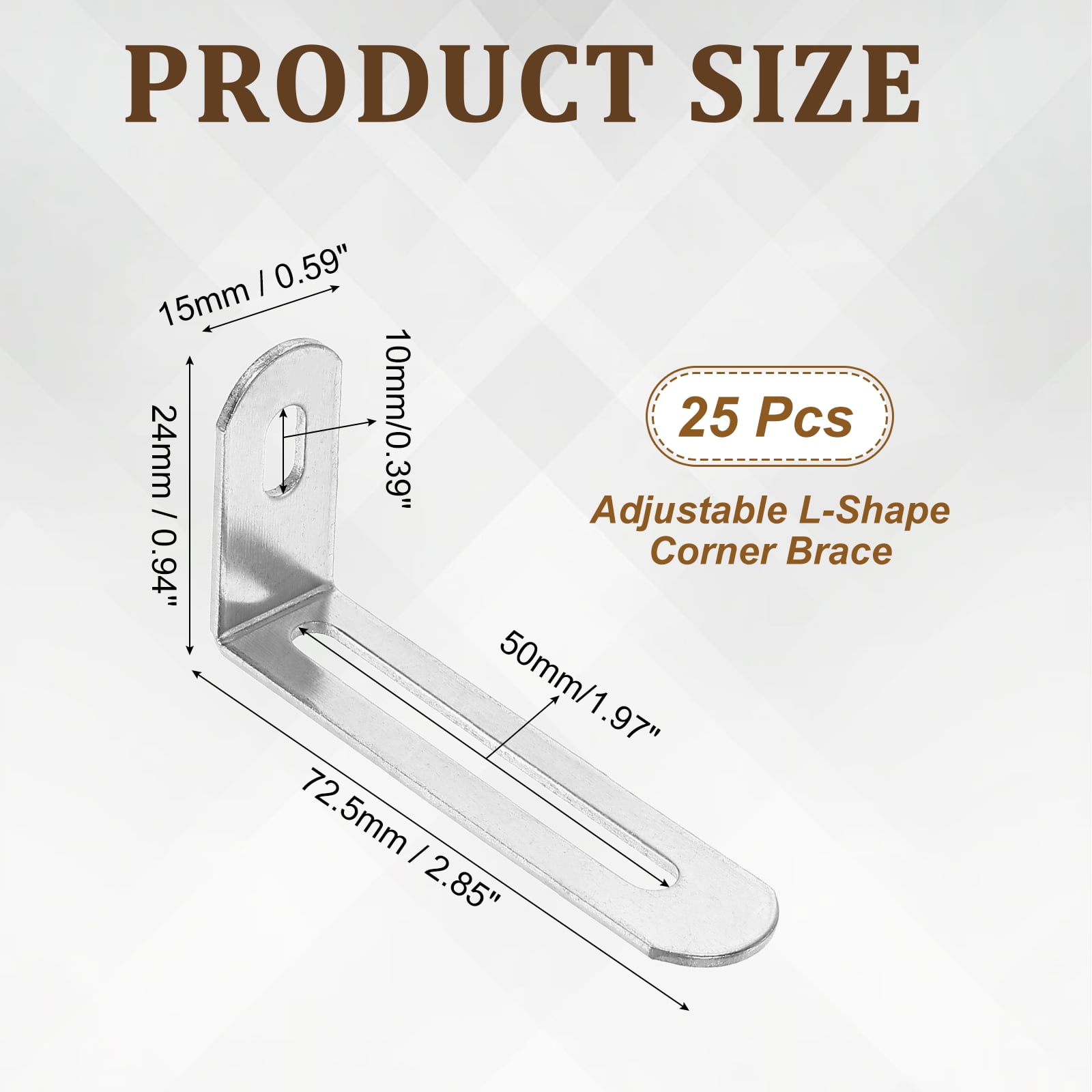 Uxcell 25 Pack Adjustable L-Shape Corner Brace, 0.9" x 2.9" x 0.6" Metal Slotted 90 Degree Right Angle Corner Shelf Bracket Support Brace, Silver