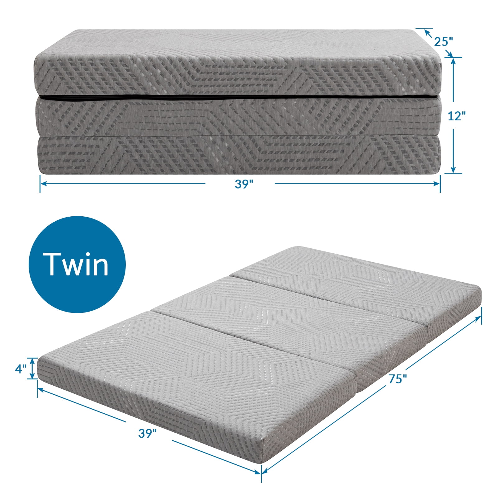 4 inch Tri Fold Mattress,Twin Trifold Mattress Topper for Floor RV,Camping,Guest,Toddler,Gray