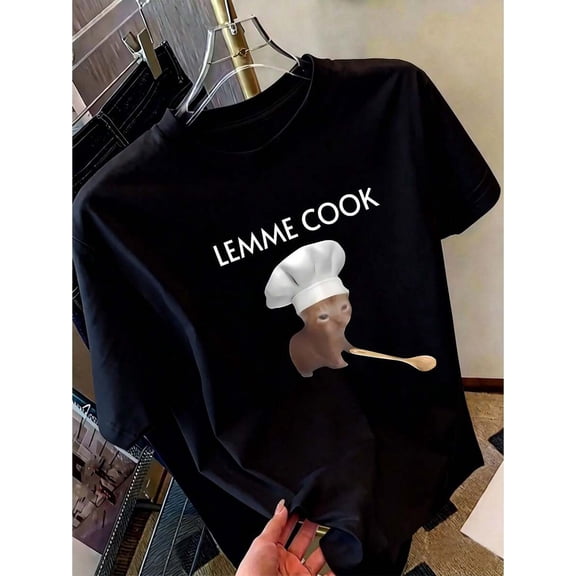 【New Arrival】Lemme Cook Cute Chef Cat Graphic Crewneck T-Shirt, Funny Cat Lover Cooking Hobby Casual Tee, Gift for Home Cooks & Kitten Fans