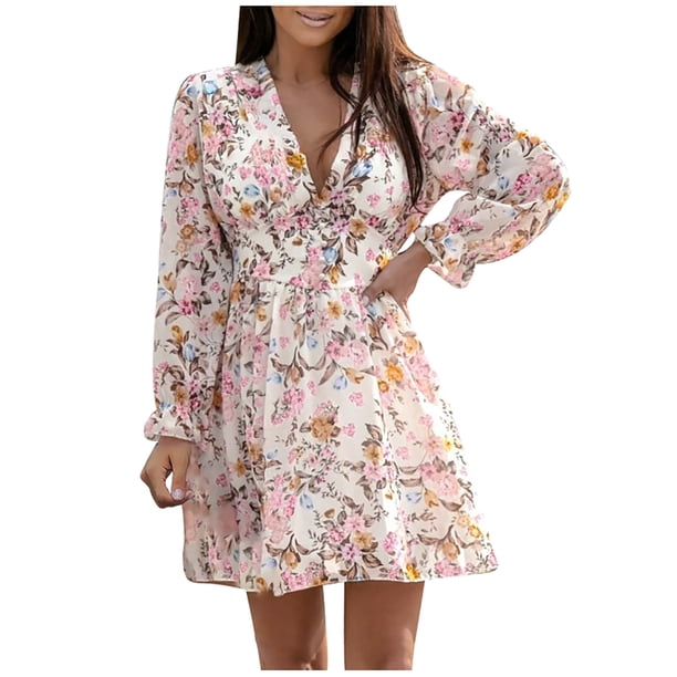 Vestidos Para Mujer Moda Bohemio Con Cuello en V Suelta Manga Larga Volantes Estampado Mini Vestido Odeerbi ODB126767