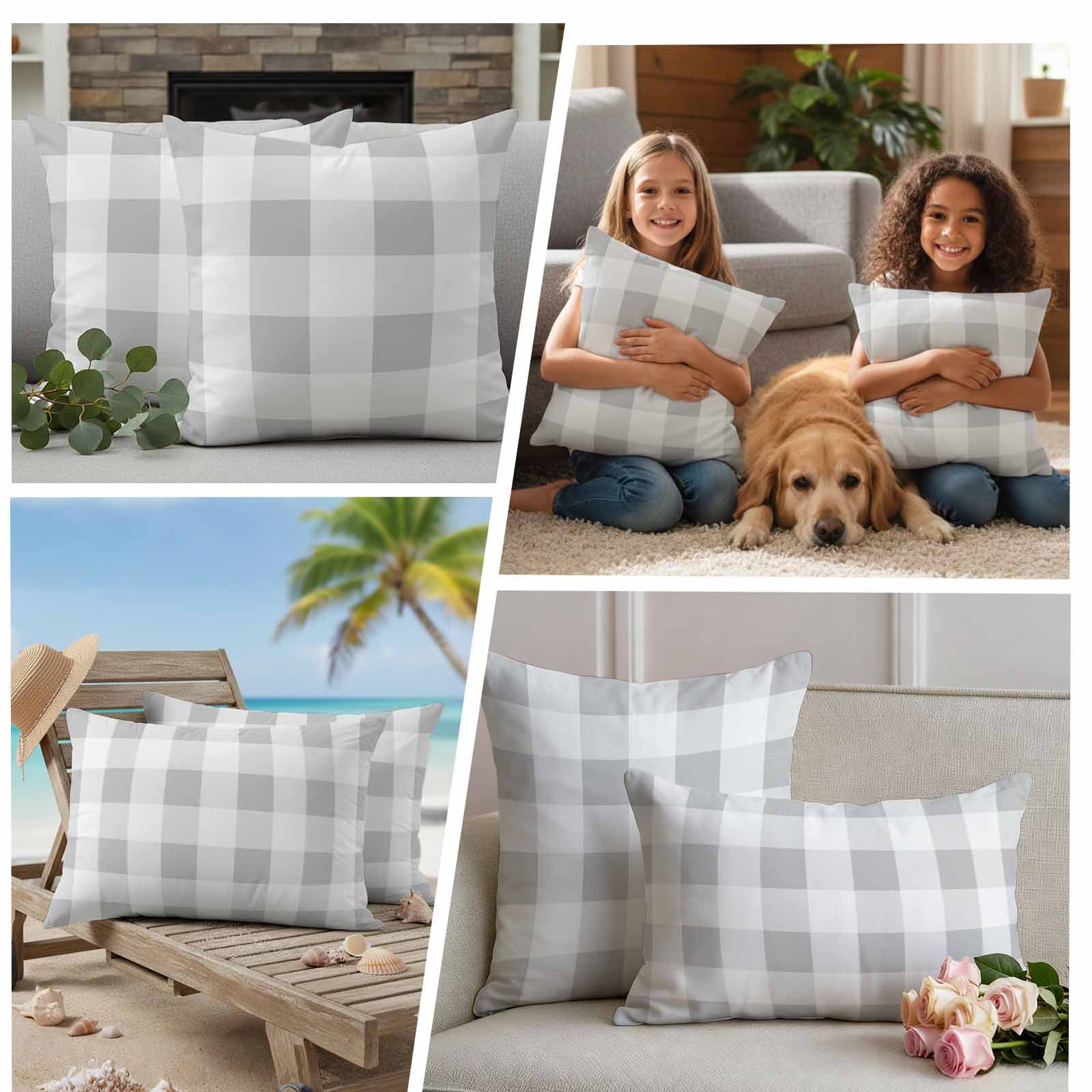 Buffalo Grey Plaid Pillow Covers 2 Pack Spring Simple Pattern Pillowcase Waterproof Outdoor Throw Pillow Cover for Patio Balcony Rectangular Cushion 20”x12”