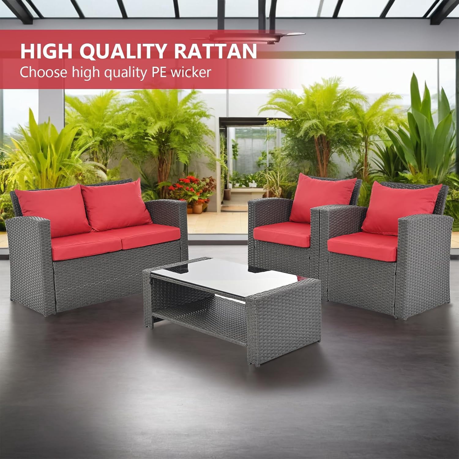 4 Piece Outdoor Patio Furniture Sets All Weather Outdoor Sofa PE Garden Furniture Wicker Rattan Patio Conversation Set with Coffee Table, Red Cushion