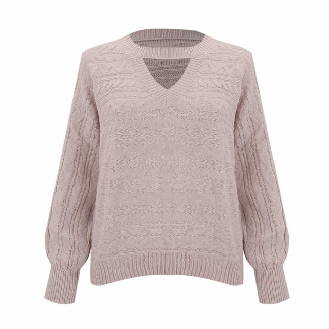 WTXUE V Neck Pullover Sweater Tunic Sweatshirt Casual Sweaters Choker Neck Cut Out Fall Pullover Sweaters Oversized Drop Shoulder Knit Tops Mesh Sweaters Basic Tops Long Sleeve Sweater Pink L